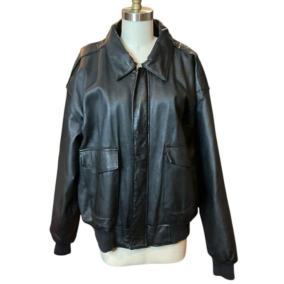 Michael Morgan Mens Black Leather Bomber Style Zip Front Jacket Size Large EUC